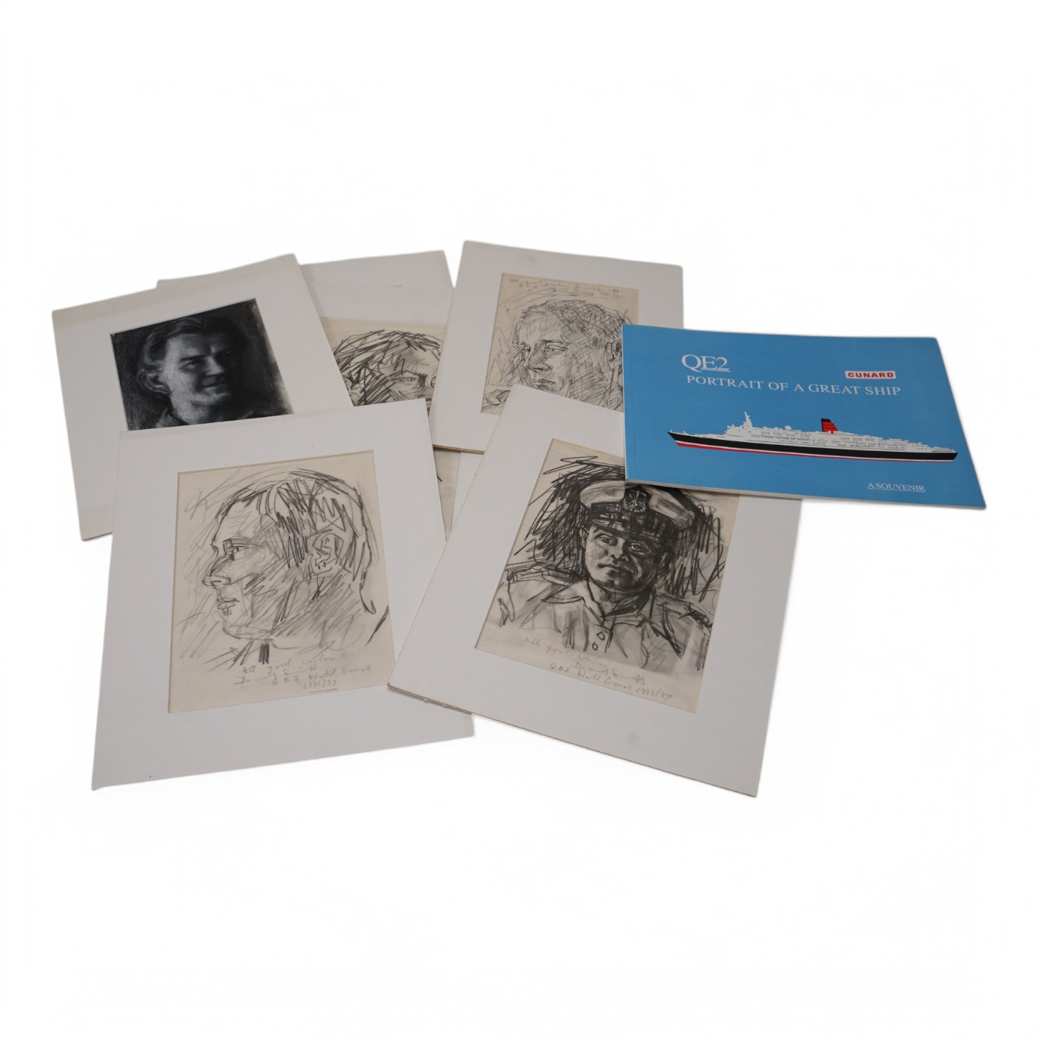 David Smith (1920-1999), seven pencil sketches on tracing paper, Passengers and members of the crew, QE2 cruise 1996/97, each signed, inscribed and dated, together with a Cunard portrait of a Great Ship souvenir booklet